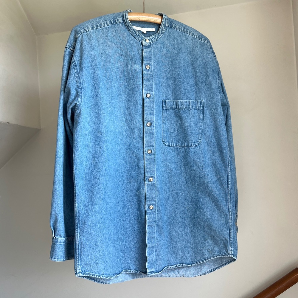 Vintage Perry Ellis Denim Shirt Size M Blue Banded Collar Cotton Workwear 90s